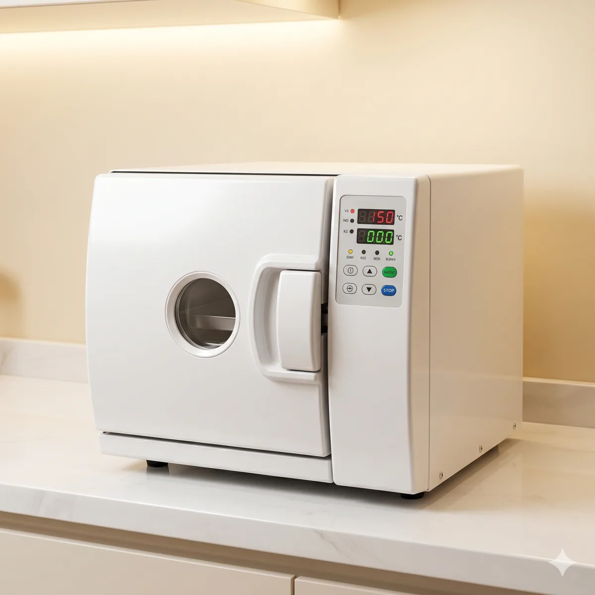 Autoclav de sterilizare clasa B pe blat, în lumină caldă