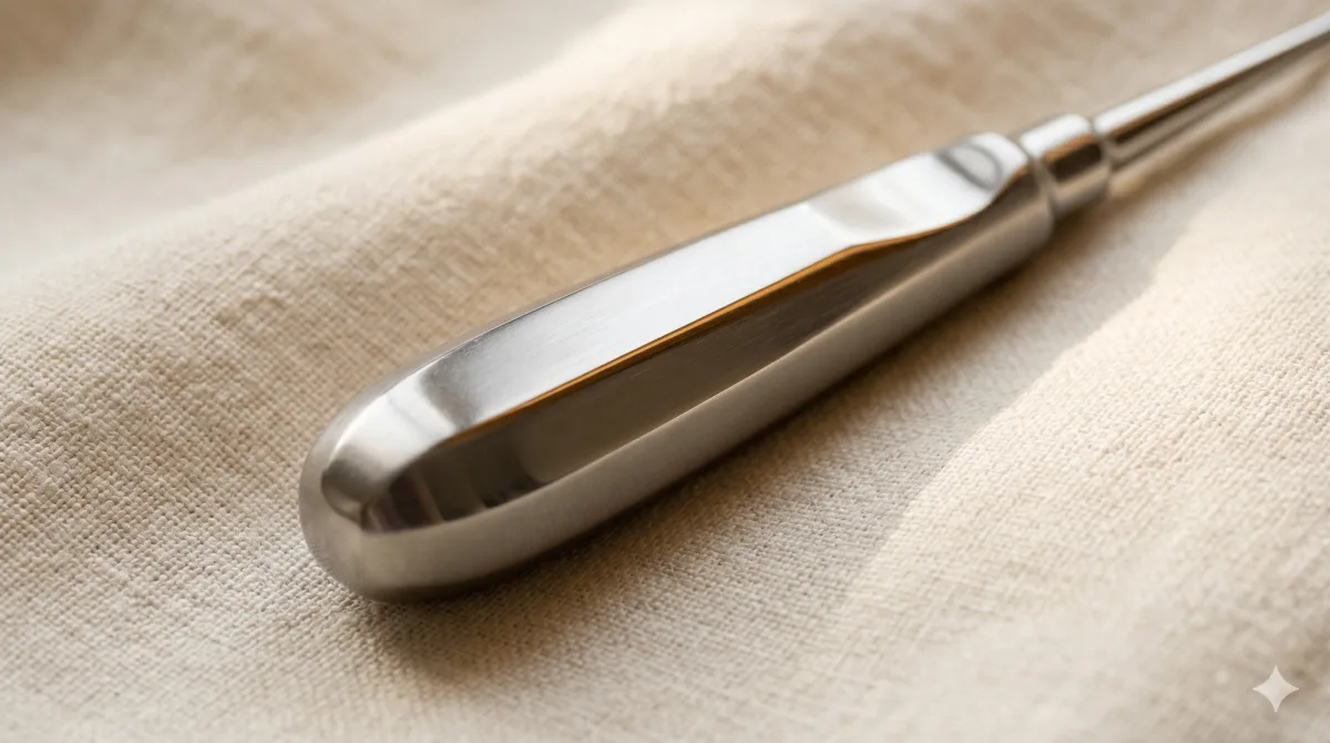 Instrument chirurgical stomatologic din oțel, pe pânză de in crem