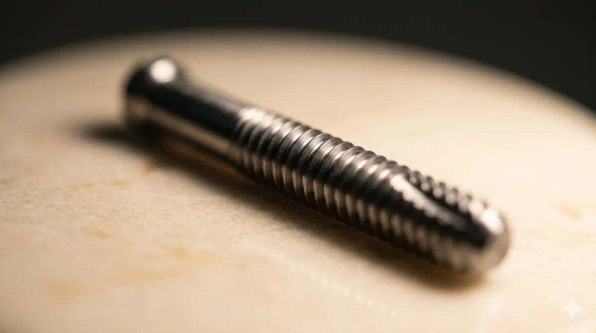 Implant dentar din titan, fotografiat de aproape pe fundal cald