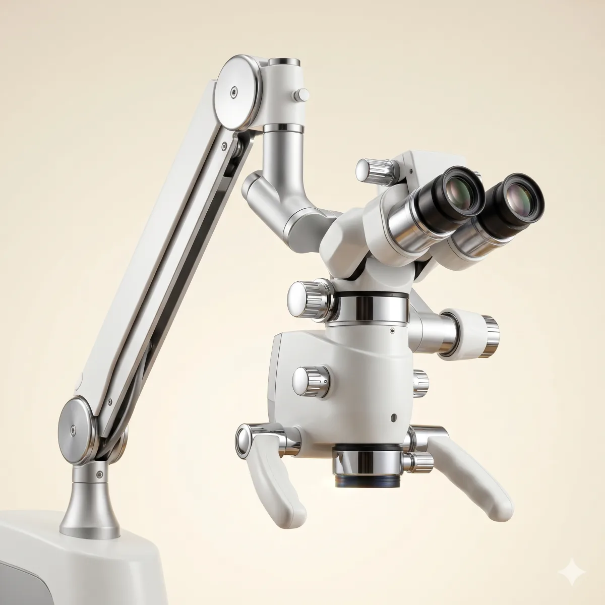 Microscop operator stomatologic cu brațe articulate, pe fundal crem