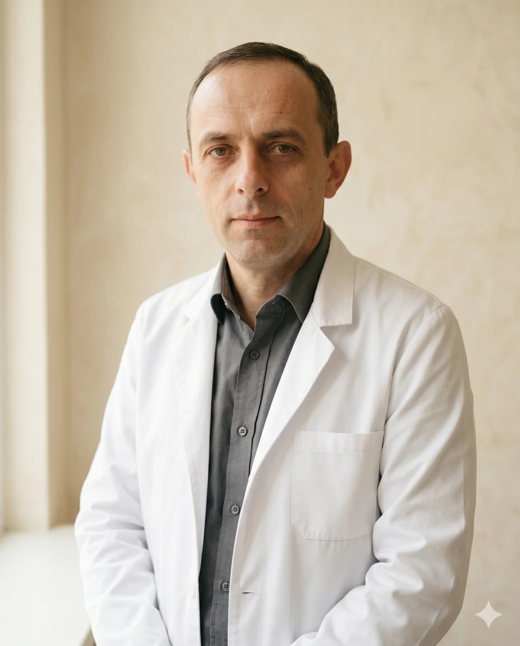 Dr. Vasile Ermurachi, fondatorul clinicii, în halat alb, într-un cabinet luminos
